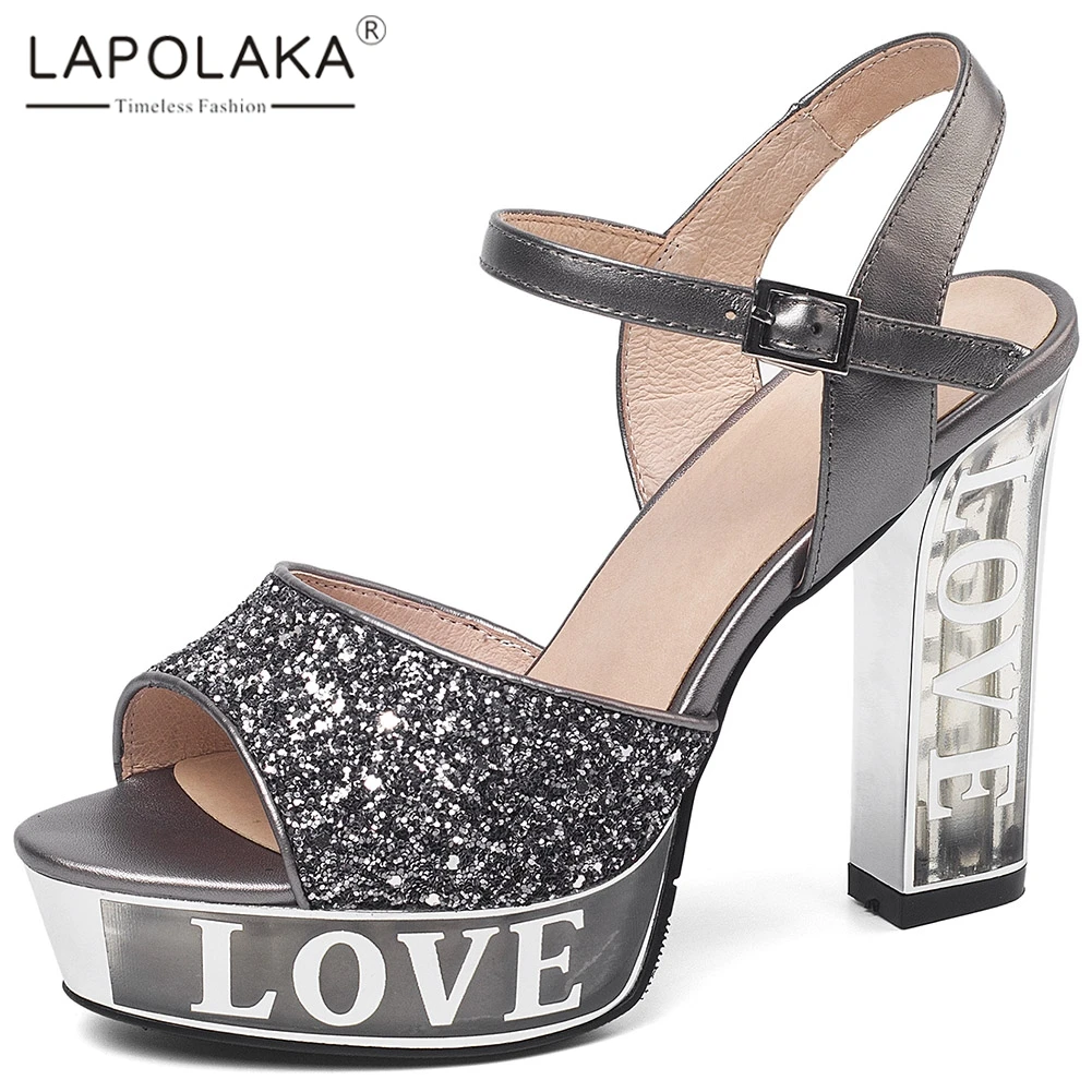 

LAPOLAKA 2020 New Arrivals Woman Sandals Genuine Leather Square High Heel Peep Toe Platform Bling Party Sandals Women Shoes