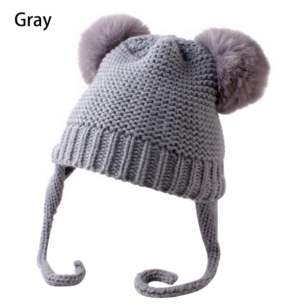 gray Зимняя теплая детская шапочка, шапка-ушанка для детей, девочек и мальчиков, мягкие вязаные меховые шапки, детская зимняя шапка, теплые шапки-бини - Цвет: gray