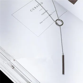 

2018 Hot Fashion Women Accessories 925 Sterling Silver Bar Circle Lariat Necklace Women Long Strip Pendant Necklaces Jewelry