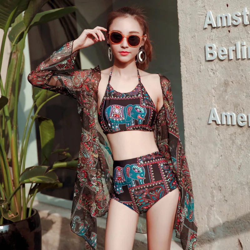 

Tankini Women Swimsuit Woman Two Piece Swimwear New Three Chiffon Upper Garment Xiaoping Sexy High Waist Dot Polyester