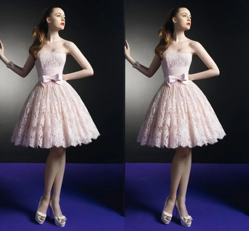 Sexy Zuhair Murad Lace Dress Short Prom Party Gowns Pink Lace Cocktail Party With Strapless Bow vestidos de noiva