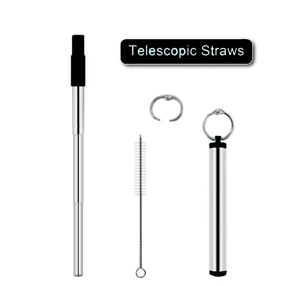 Black with Tips Многоразовые соломинки из нержавеющей стали, трехсекционная Регулируемая телескопическая прямая соломинка с чистящей щеткой для воды, кофе - Цвет: Black with Tips