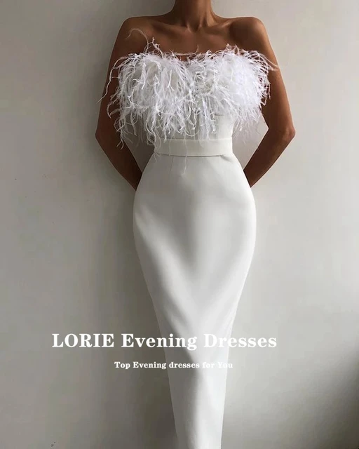 LORIE Straight Four-way Stretch Tea-Length Evening Dresses 2021 Prom Dress With Feather Side Slit Vestidos De Fiesta Party Gowns white