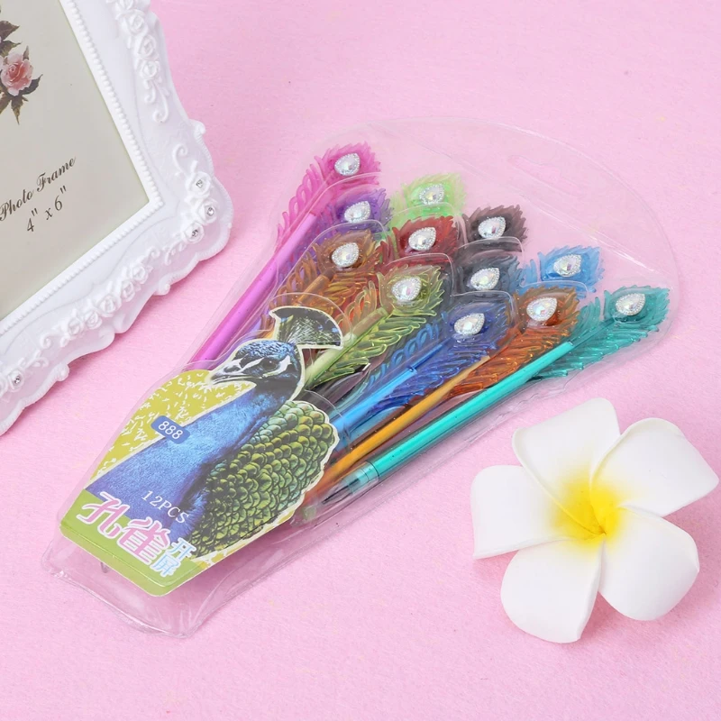 

12Pcs Colorful Peacock Feather Shape Gel Ink Pen Refills Stationery School Gift LX9A