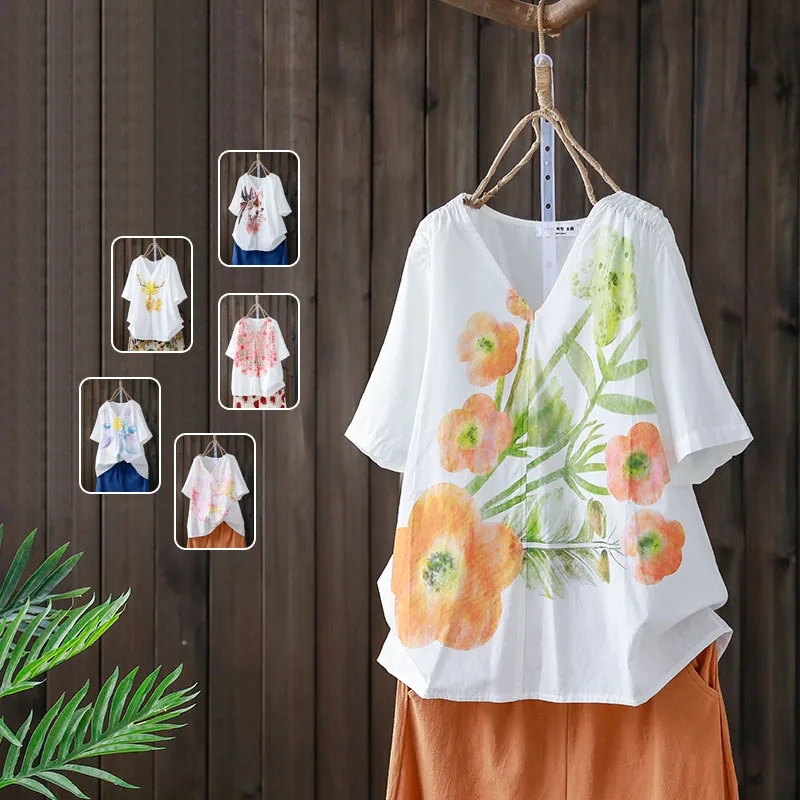 Boho размера плюс цветочный хлопковый льняной Топ Женские топы и блузки с коротким