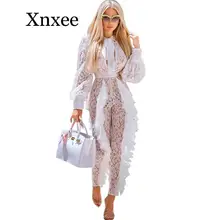 Elegant Sheer White Lace Jumpsuit for Women Sexy See Through Long Sleeve Ruffles Bodycon Rompers Wedding Night Club Overalls