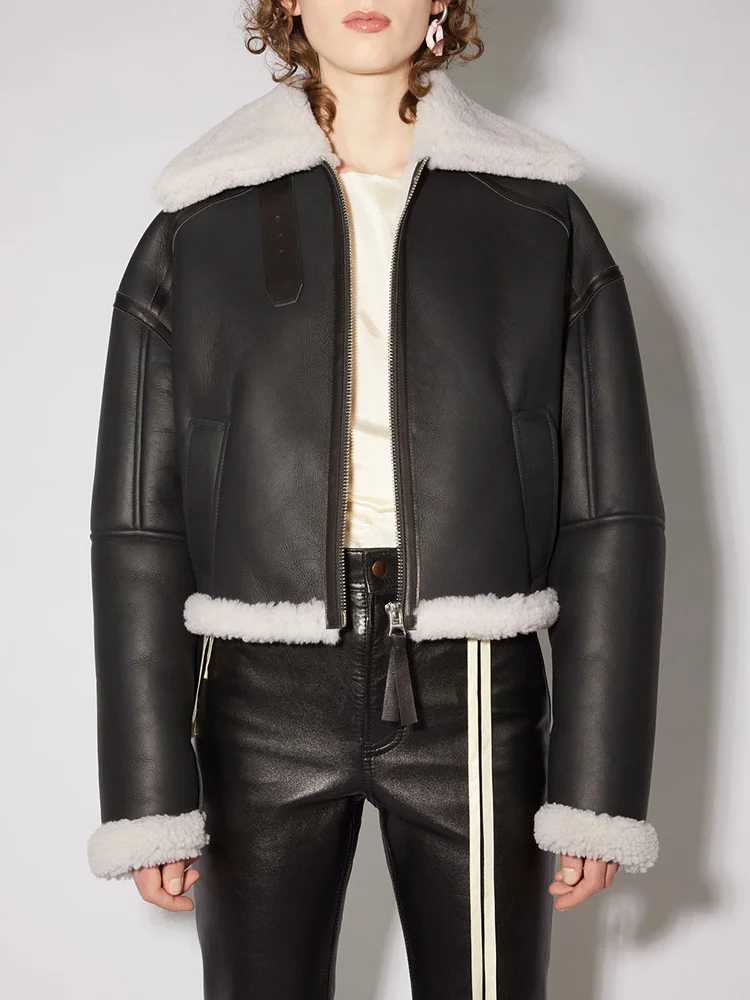 CHICEVER Patchwork Pu Jackets For Women Loose Fur Lapel Long Sleeve Thick Short Tops Casual Plus Size Coats Female 2021 Winter