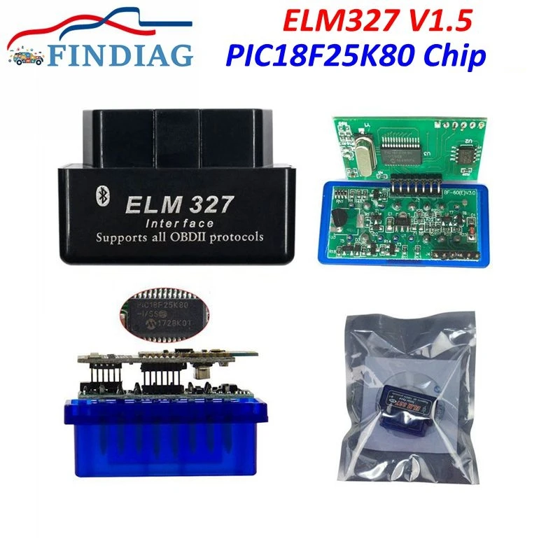 블루투스 호환 모든 OBD2 차량 프로토콜 진단 인터페이스, A +++ 품질 ELM327 V1.5, PIC18F25K80 2PCB, 안드로이드, 심비안, PC