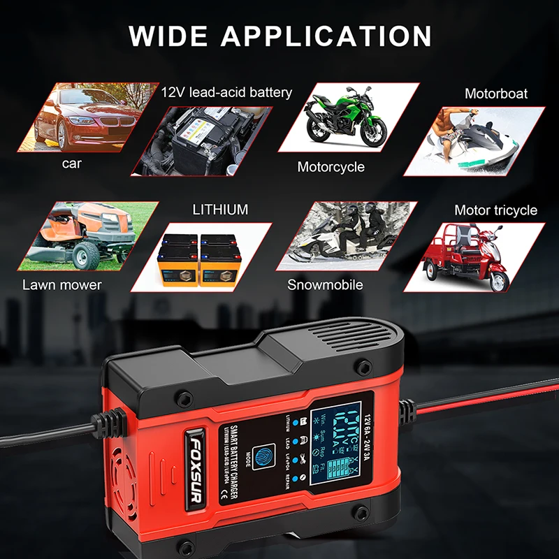 Truck Battery Charger Heavy Duty , FOXSUR 12V 6A 24V 3A Car Smart Battery Charger Fast Charge AGM LiFePO4 Lead-Acid Battery