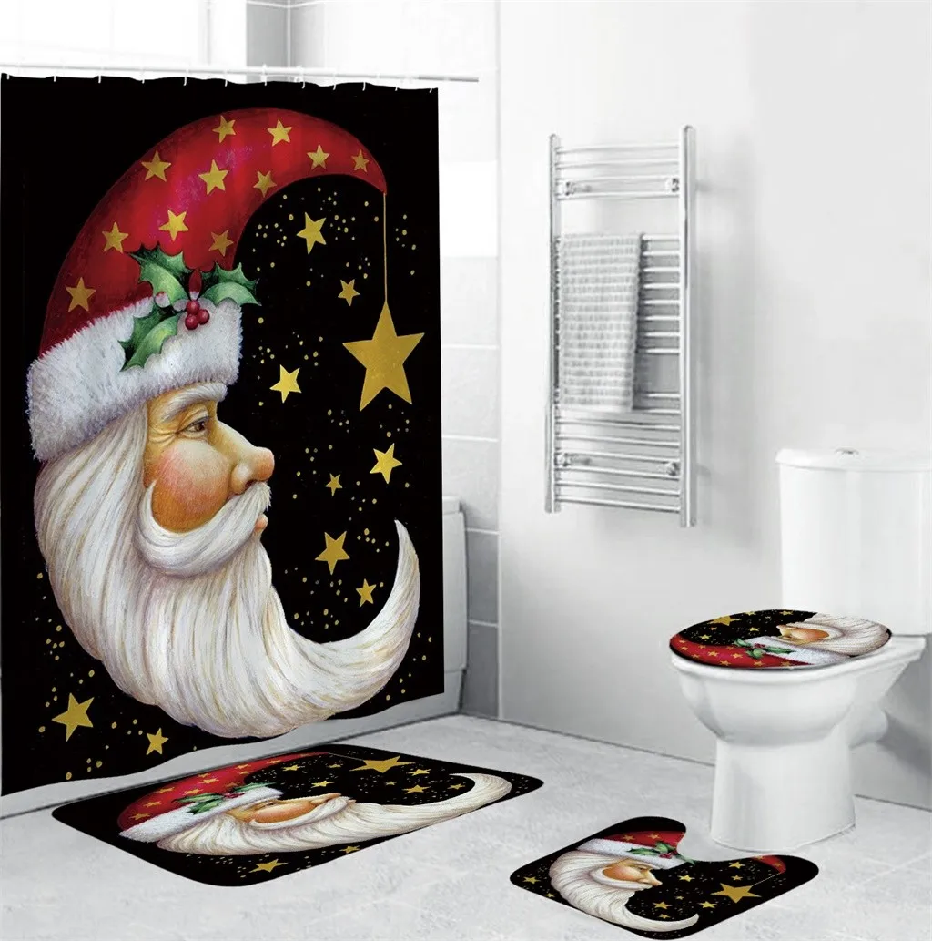 4Pcs Christmas shower Curtain Bathroom Anti-slip Carpet Rug Toilet Cover Mat Set Mat in Door mat Christmas Santa Claus Mat