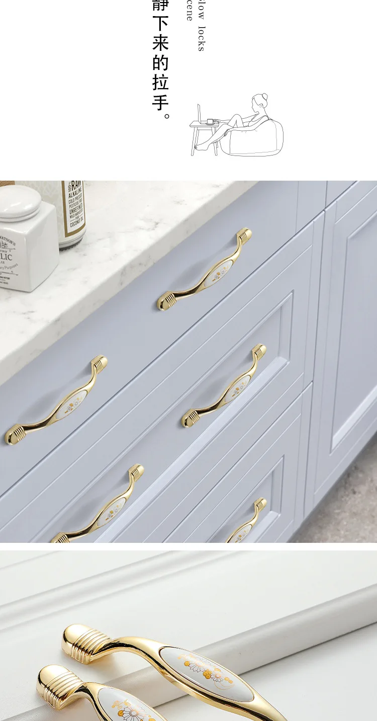 JD European Cabinet Wardrobe Door Single Hole Handle Gold Ceramic Handle Modern American Flower Pattern Drawer Furniture Handle