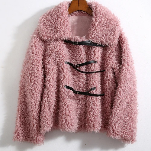 Pink Овечья стрижка куртка Женская Осенняя зимняя одежда корейское натуральное меховое пальто женские винтажные шерстяные куртки Теплый меховой верх LW2013 - Цвет: Pink