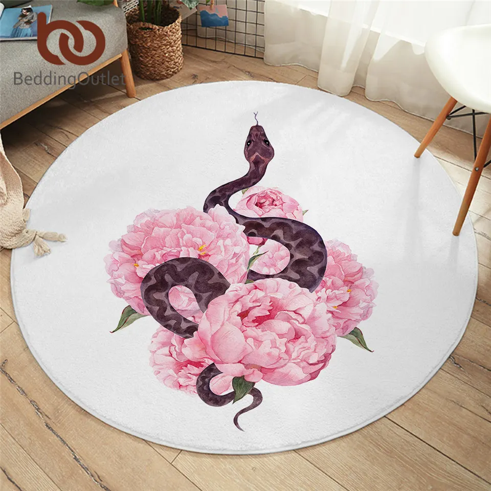 Beddingoutlet Floral Snake Round Area Rug Pink Flower Carpets For