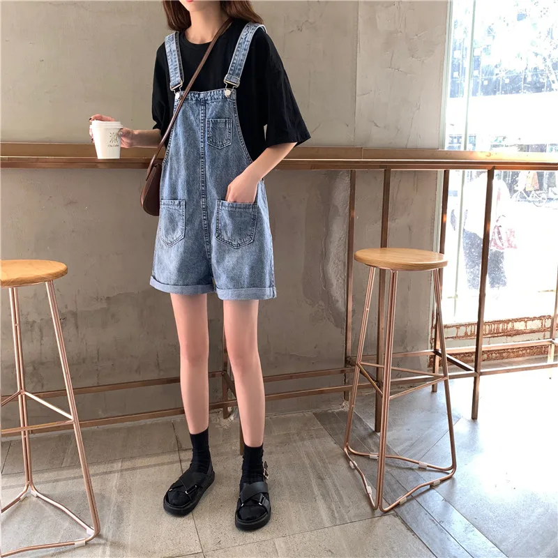Large Size Elegant Denim Overall Strap Shorts Summer Korean Style Loose Slim Fit Student Wide Leg Casual Playsuit Shorts Rompers