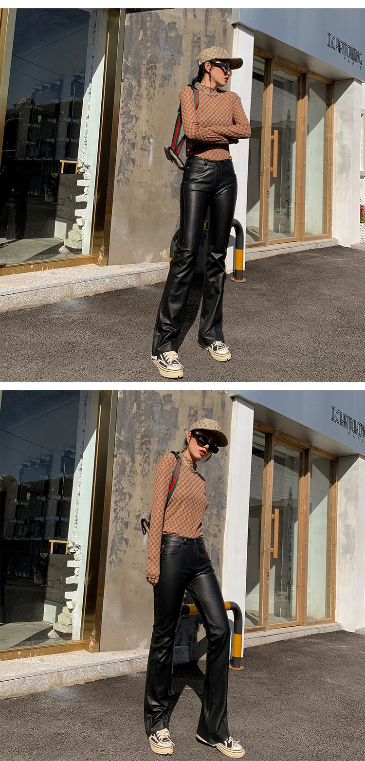 Брюки из натуральной кожи, минималистичные, Highstreet, на одной пуговице, с высокой талией, из овчины, расклешенные брюки, для женщин, Осенние, офисные, женские брюки