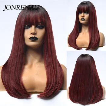 

JONRENAU Long Silky Straight Hair Synthetic Ombre Black to Wine Red Wigs with Bangs for White/Black Women