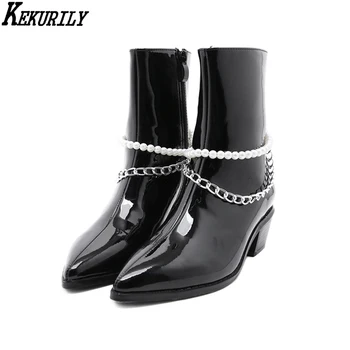 

2020 Chain Chelsea Boots Women Patent Leather Chunky Heels Zip Shoes Pointed Toe String Bead Knight Boot Black Zapatos De Mujer