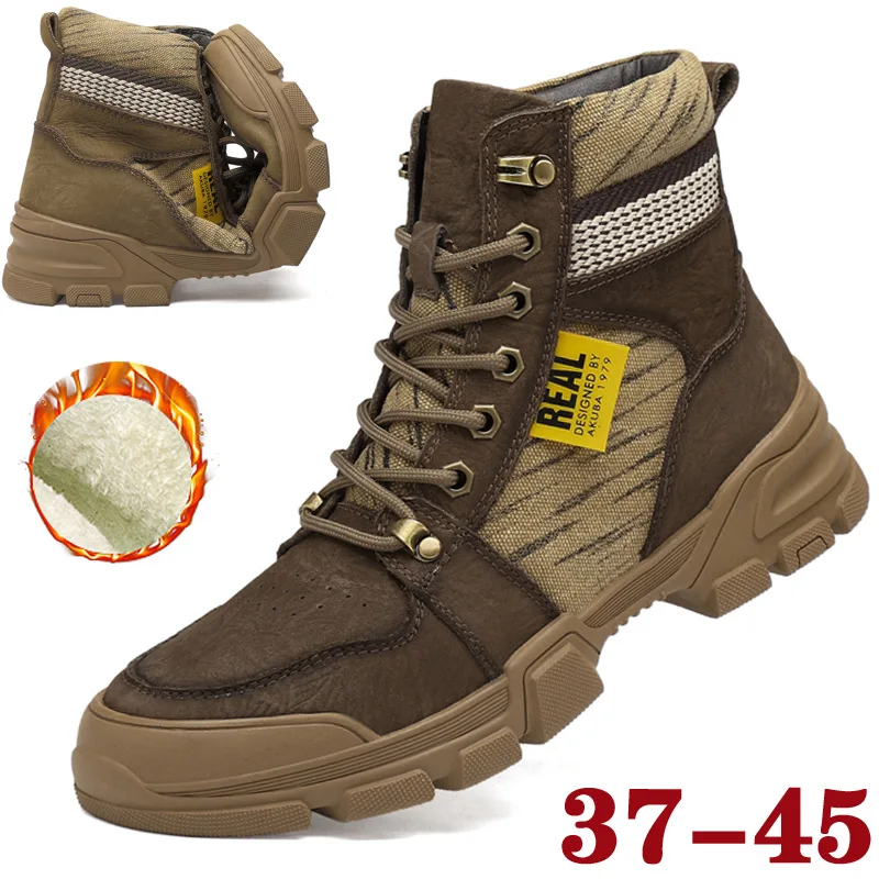 

British winter top layer frosted leather tooling desert boots men's large size high-top leather boots men's short cotton boots