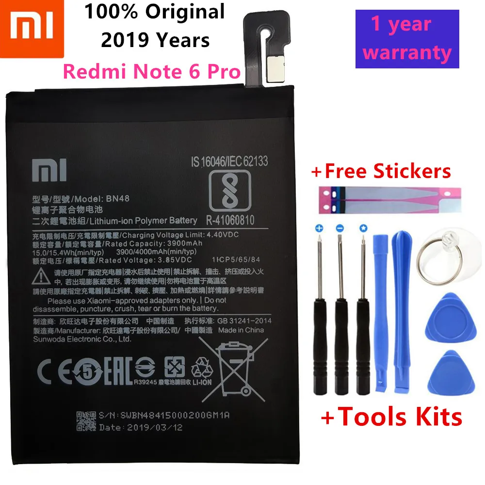 Аккумулятор для телефона Xiaomi BN48, 4000 мА/ч, высокая емкость, высококачественный Сменный аккумулятор для Xiaomi Redmi Note 6 Pro+ Инструменты+ наклейки
