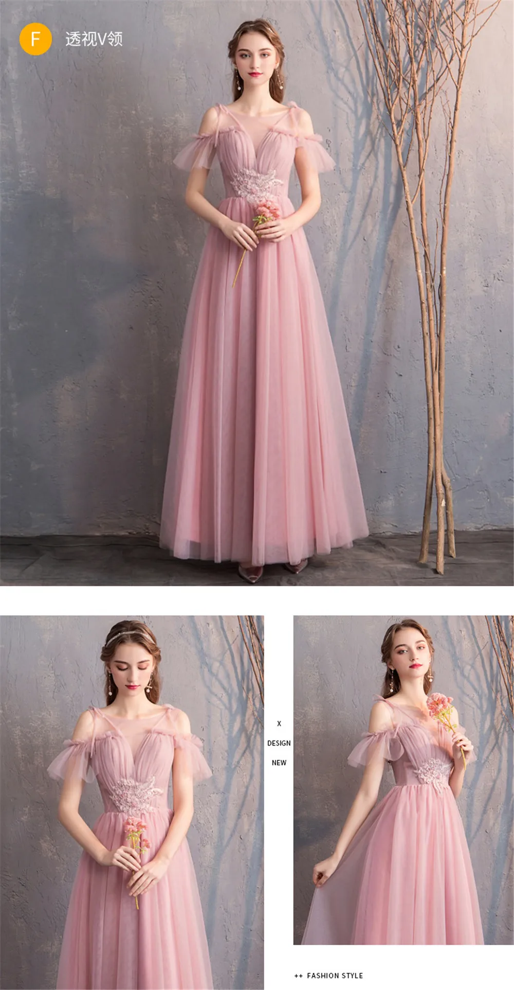XCOS Vestido Madrinha Pink Tulle Long Bridesmaid Dresses Sexy A Line Chiffon Dress for Wedding Party Robe Demoiselle D'honneur