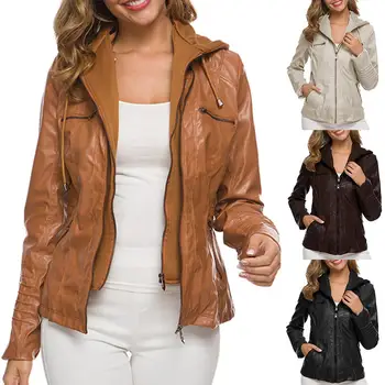 

Plus Size Women Faux Leather Pocket Motor Jacket Solid Color Zipper Slim Outwear Faux Leather Jacket Women Solid Casual Jackets