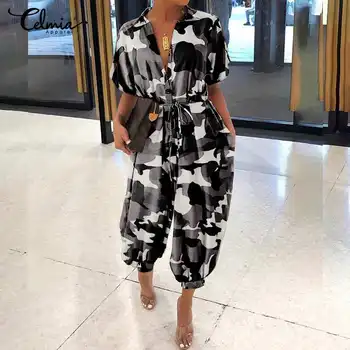 

5XL Celmia Vintage Women Jumpsuits Plus Size Camouflage Print Summer Rompers Casual Loose Belted Cargo Pants Pantalon Overalls