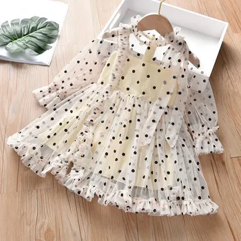 

MUABABY Girls Elegant Dress Ruffles Dots Princess Party Gown Children Long Sleeve Casual Clothes Baby Kids Beach Summer Dresses