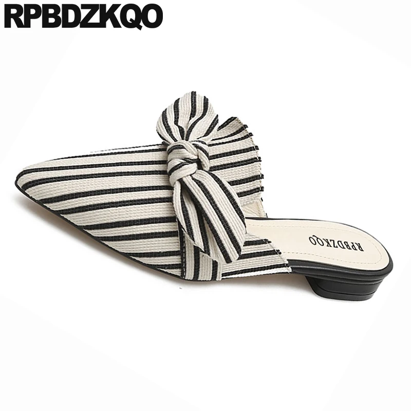 women shoes spring bow cheap bowtie black cute kawaii embellished flat slip on pointed slides sandals slippers mules ladies