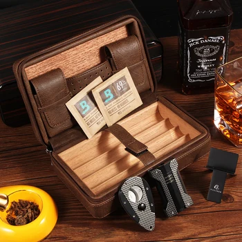 

GALINER Cedar Wood Travel Humidor Cigar Case Leather Humidor Box Cigars Set W/ Cigar Cutter Windproof 1 Jet Torch Lighter Butane
