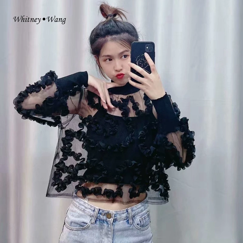 WHITNEY WANG Футболка модная уличная одежда гофрированные сексуальные прозрачные сетчатые футболки, женские блузы футболка женская футболка