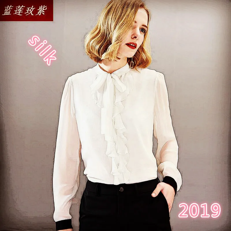 Шелковая женская рубашка, блузка, женская, 2019, однотонная, с бантом, воротник, тонкая, с длинными рукавами, шелковые блузки, белые рубашки с