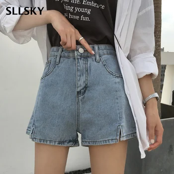 

SLLSKY High waist split denim shorts Women Summer New Loose Street Simple Chic Wide leg shorts Solid Slim with zipper shorts