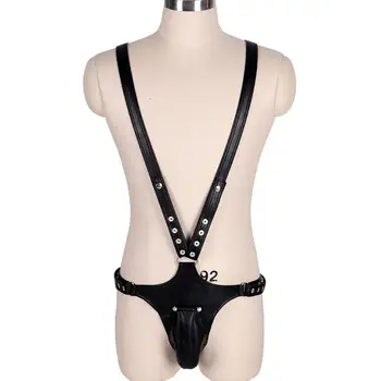 

Black Leather Panties Men's Belt Cage Chest Suspender Top Metal Rivet Plus Size Pole Dance Club Sexy Body Harness Lingerie