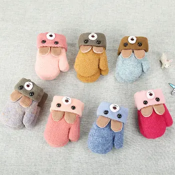 

New 0-3 Years Old Baby Cute Bear Cartoon Gloves Winter Knit Wool Newborn Mittens Velvet Thick Children's Kids Keep Finger Warm