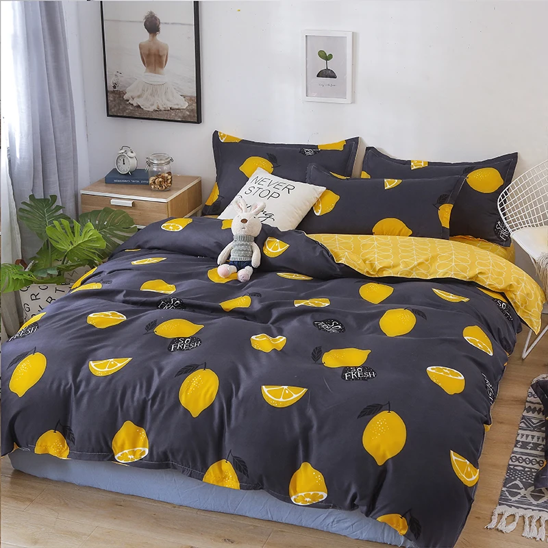 Black Bedding set Duvet Cover 220x240 With Pillowcase 200x200 Quilt Yellow Fruit Pattern king size Blanket | Дом и сад