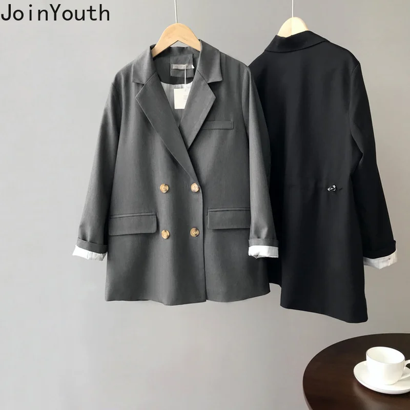JoinYouth офисные женские модные женские блейзеры двубортные однотонные Auutmn Chaqueta Mujer складчатый блейзер Feminino J032