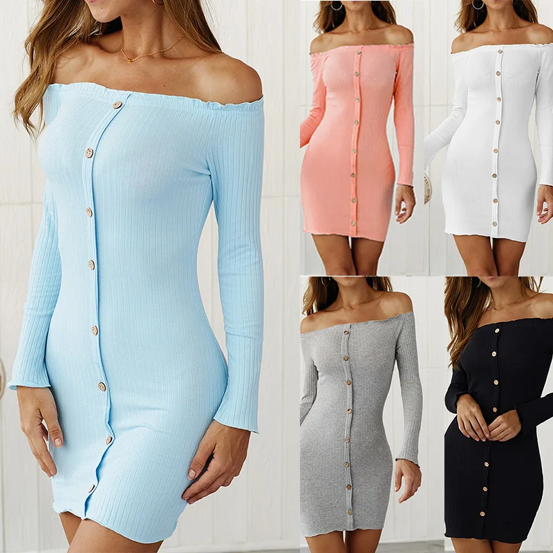 Sexy Off the Shoulder Bodycon Dresses Long Sleeve Button Mini Knitted Dress Female Clothes Party