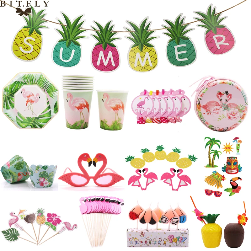 Decorations D Ete De Fete Hawaienne Flamand Rose Tropical Hawaien Assiettes En Papier D Ananas Verres De Paille Fournitures De Fete D Anniversaire Aliexpress