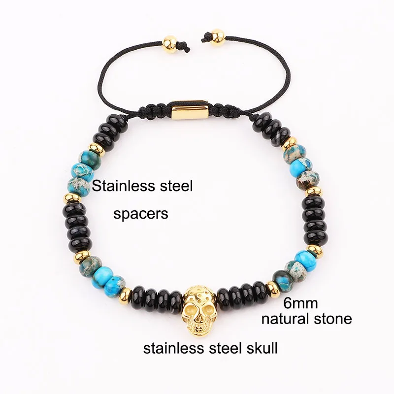 JARAVVI Men Bracelet High Quality Natural Stone Beads Stainless Steel Skull Charm Adjustable Bracelet Men Jewelry Gift - Image 2