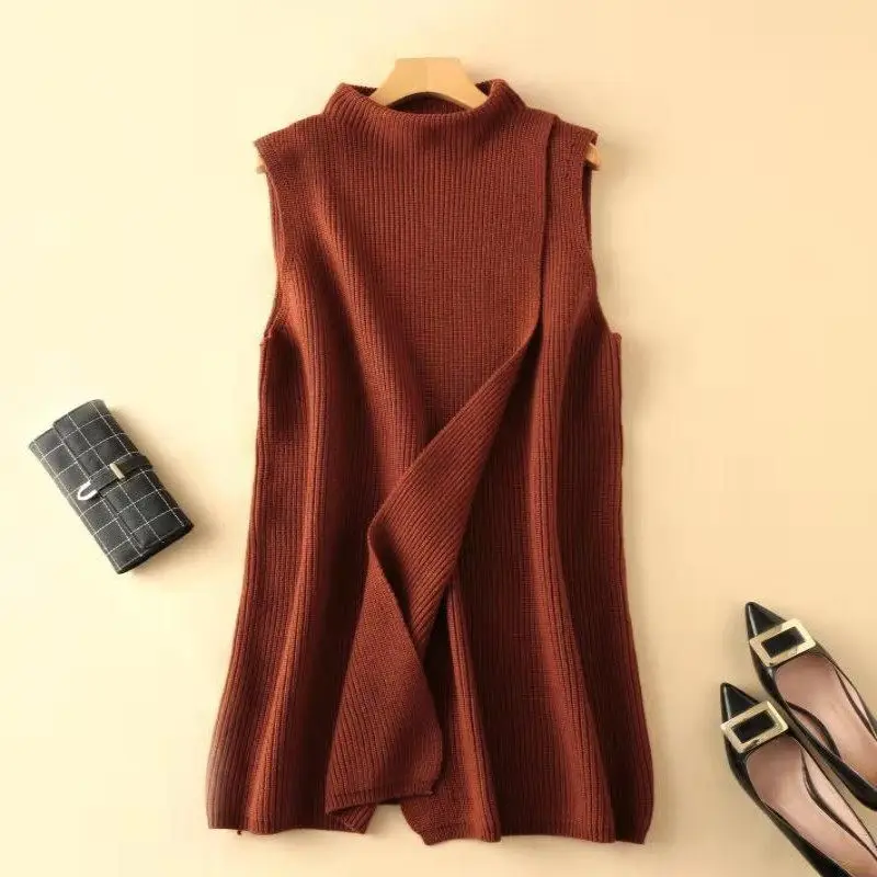 Korean Autumn And Winter Cashmere Knitted Vest Women\'s Mid-Length Loose Waistcoat Sleeveless Sweater Stand Up Collar Tops M859