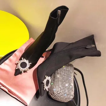 

Sunflower Rhinestone Buckle Boots Women Pointed Toe Black Satin Stretch Boots Wine High Heels Shoes Woman Stiletto Ankle Boots