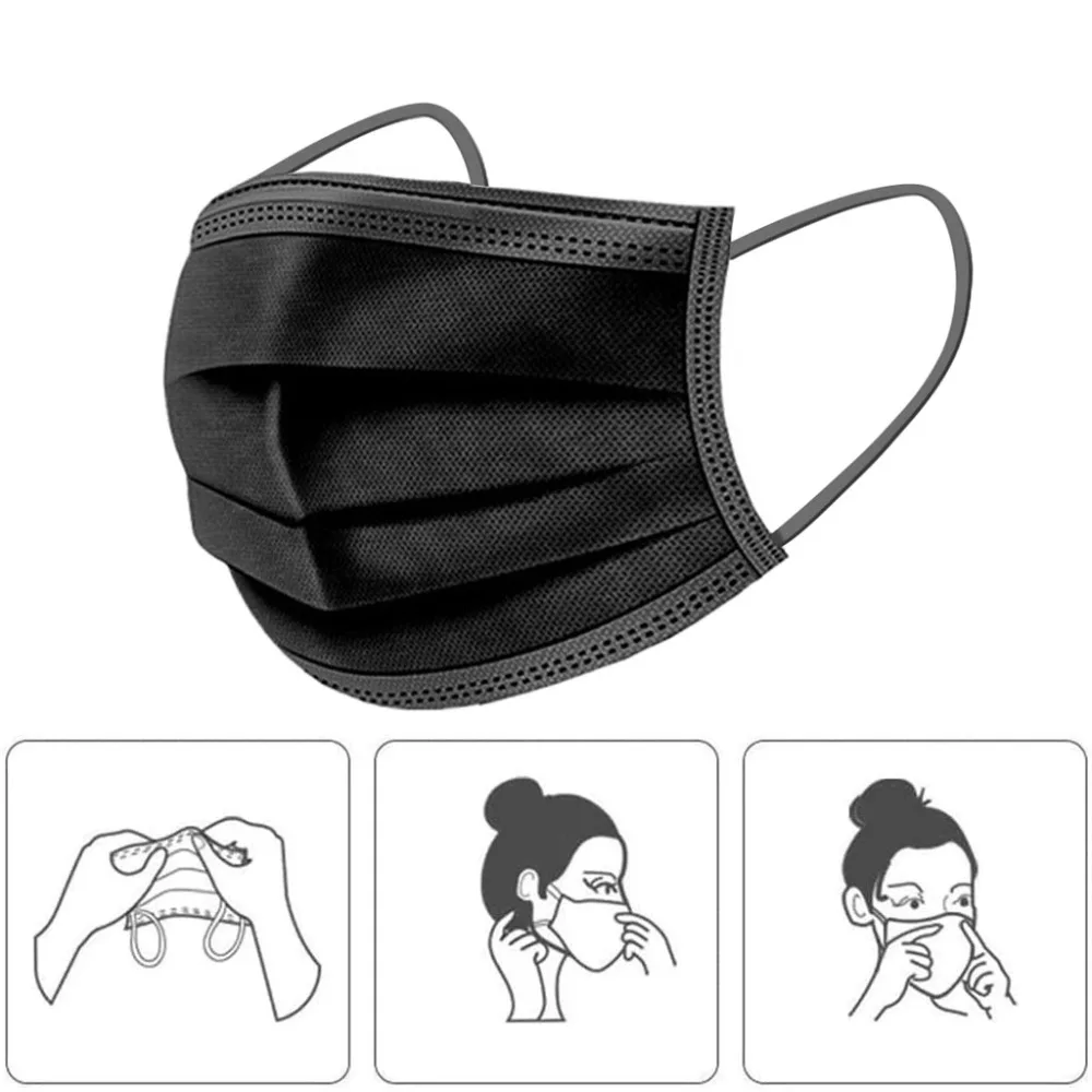 10-200pcs Mask Disposable Face Mask Black Nonwove 3 Layer Mouth Mask filter Anti Dust Breathable Protective Adult masks masque 5