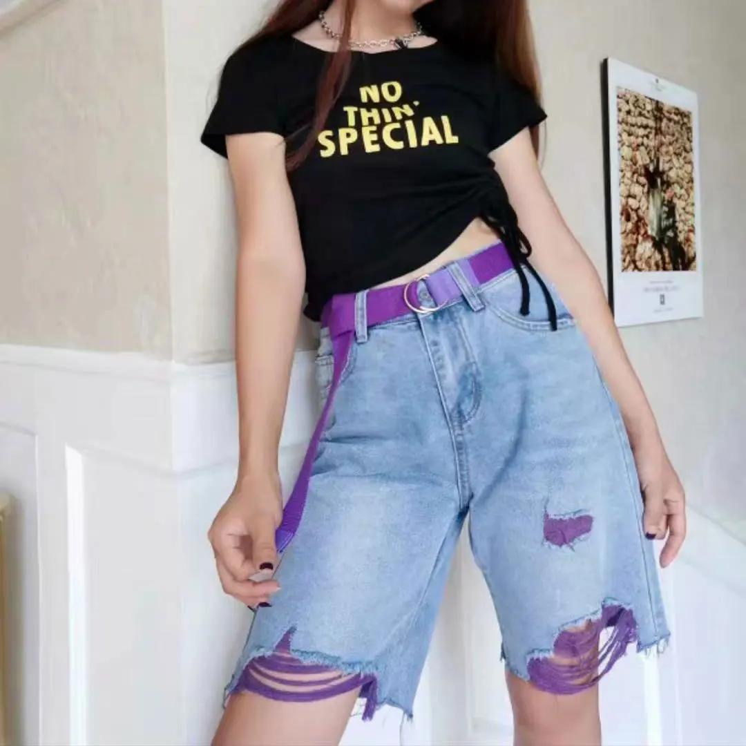 

Summer Women High Waist Denim Shorts With Belt Slim Fit Casual Streetwear Colors Hole Jean Shorts