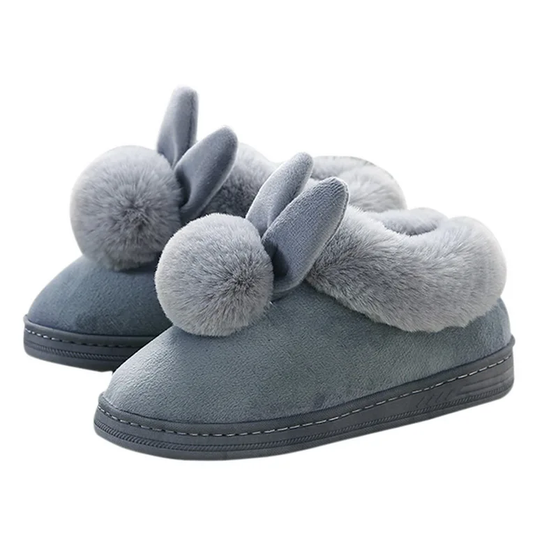 Litthing/женские хлопковые тапочки; сезон осень-зима; домашняя теплая хлопковая обувь с мехом кролика на толстой подошве; - Цвет: Gray 1