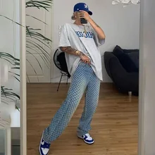 

European and American personalized pierced jeans women's 2021 summer new design, slim and slim pattern casual straight pants PD