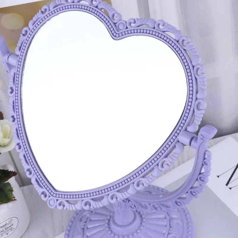 2Sides Heart-shaped Makeup Mirror Rotatable Stand Table Compact Mirror Dresser D5BF