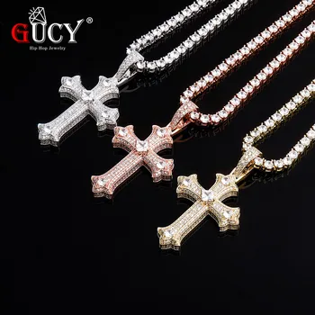 

GUCY New Cross Pendant Necklace With 4mm Tennis Chain AAA Cubic Zircon Men's Women Hip hop Rock Jewelry For Gift