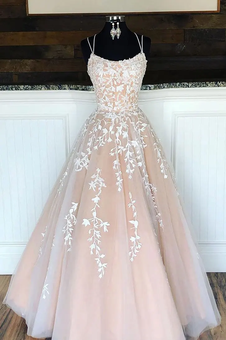 

A-line Pink Tulle Lace Long Prom Dress Pink Tulle Lace Evening Dress prom dress