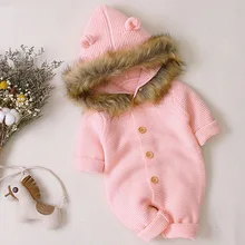 Детские комбинезоны; осенне-зимняя одежда для новорожденных; куртка для маленьких мальчиков и девочек; вязаный свитер с капюшоном и меховым воротником; одежда для малышей