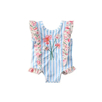 

Children One-piece Bikini 3D Floral Embroidery Printed Backless Swimsuit Bathing Suit Beachwear Vertical Striped Ruffle Swimsuit